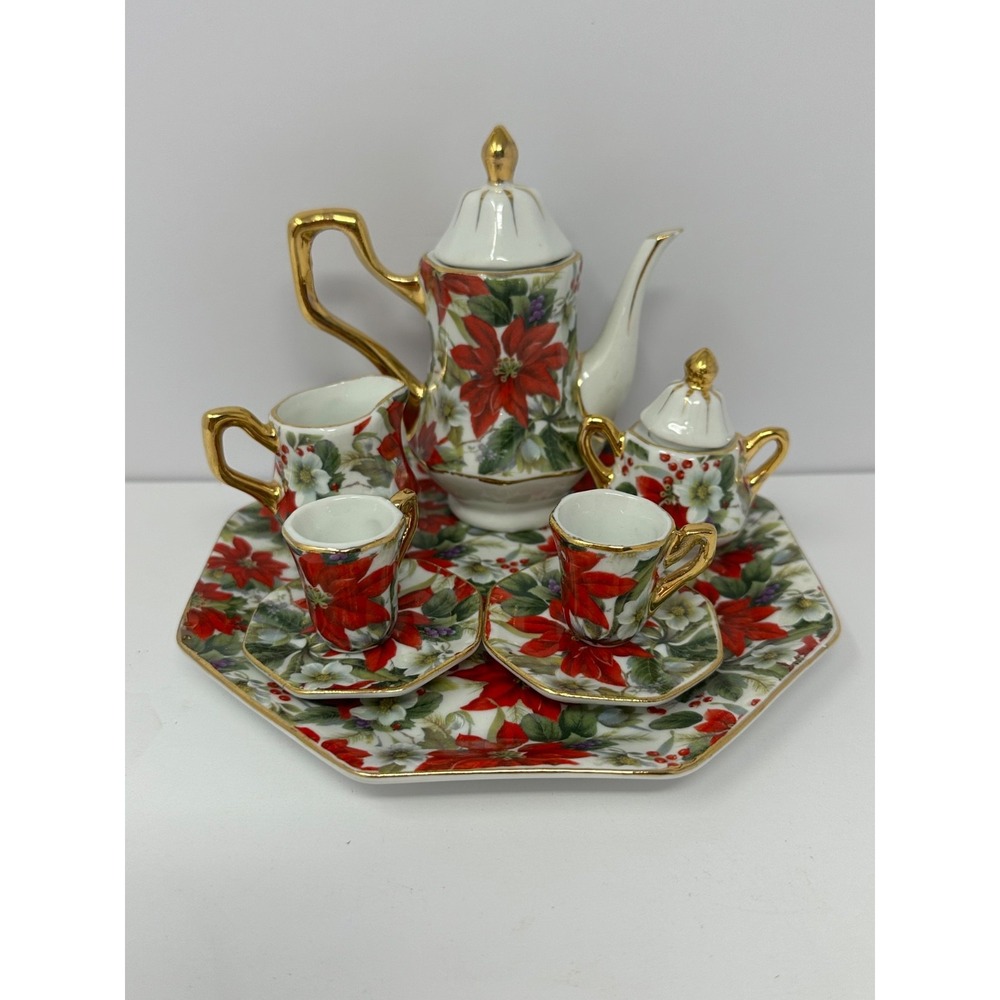 Formalities by Baum Bros Mini Tea Set Poinsettia Design 10 Pieces Christmas T5